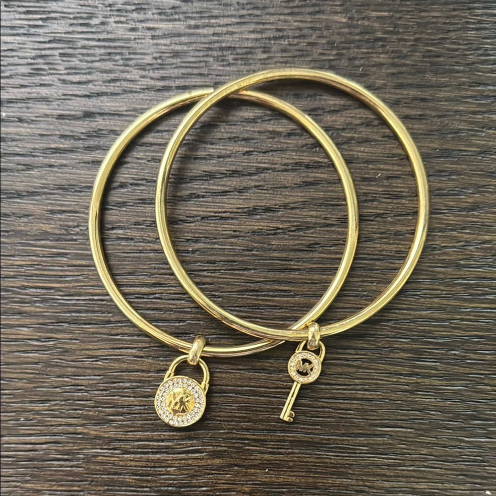 Michael Kors Gold Bangle Set with Key and Lock Charms
